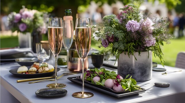An elegant outdoor garden party setup, complete with sparkling wine, fresh canap?(C)s, and healthy salads, creating a delightful and festive atmosphere on a sunny day.