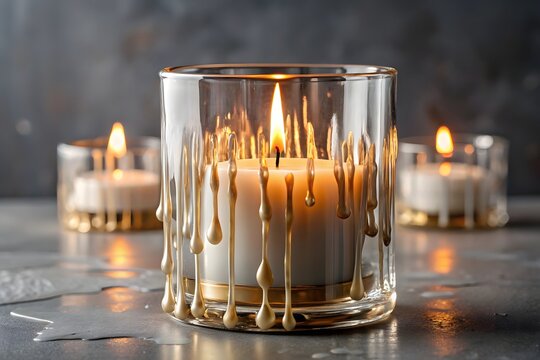 Multiple white candles glowing warmly in clear glass holders with melting wax and gold drips, set on a dark surface, creating a cozy and elegant ambiance for home decoration