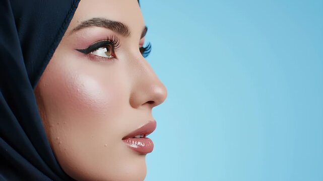 Elegant Woman in Navy Hijab Profile Portrait with Clean Eye Liner Against Bright Light Blue Background
