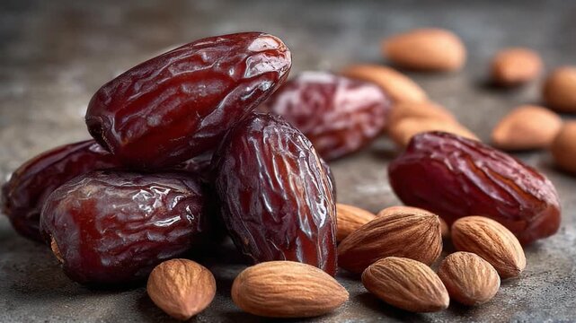 Dates and Almonds: A close-up shot of succulent dates and wholesome almonds evokes warmth, showcasing the bounty of nature's offerings.