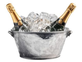 Champagne bottles in a metal bucket with ice cubes isolated on white background
