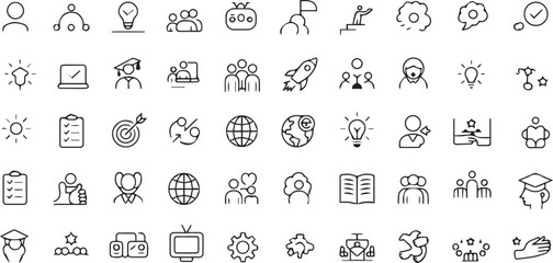 Education and Leadership Icon Set – Vector Line Icons for E-learning, Innovation, Teamwork, Goals, Success, and Global Communication