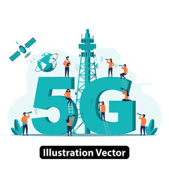 Illustration of People Exploring 5G Technology with Satellite and Transmission Tower