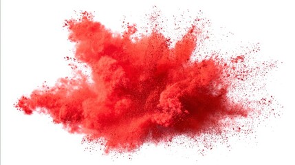 A dynamic burst of red powder explodes against a white background,