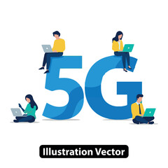 Digital Connectivity People Using Laptops Around 5G Network Symbol Illustration Vector