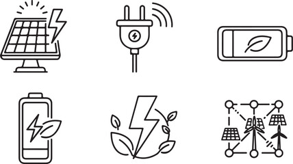 Vector art of collection of icons representing renewable energy sources and storage, including solar panels, batteries, and electrical plugs, isolated on white background
