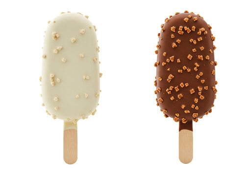 Two chocolate ice cream bars white and brown with crunchy pieces