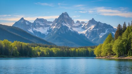 Snow-capped mountains towering over a forest with a calm lake in the foreground.
