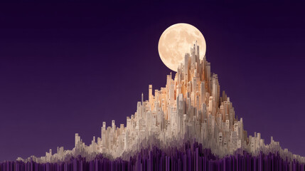 Surreal cityscape with towering mountain of buildings full moon, creating fantastical urban