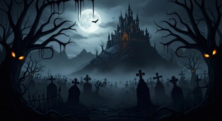 Fototapeta premium Spooky haunted castle and graveyard with full moon. Scary Halloween background for spooky event or gothic autumn party.