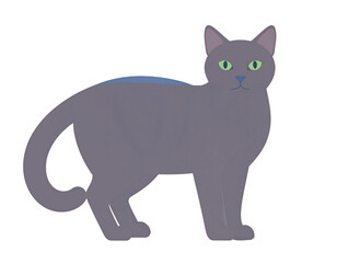 Obraz premium Stylized grey cat with bright green eyes and a unique blue stripe on its back standing in profile.