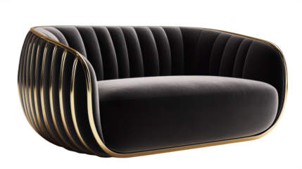 Black velvet sofa with gold metal frame showcasing modern furniture and stylish interior design perfect for decor and lifestyle images, PNG, isolated on transparent background.