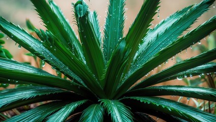 Fototapeta premium Close-up of a green plant with water droplets on its long, pointed leaves.