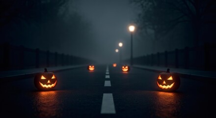 Lit jack o' lantern pumpkins glowing on a dark, foggy road with streetlights. Spooky Halloween night scene for horror holiday.