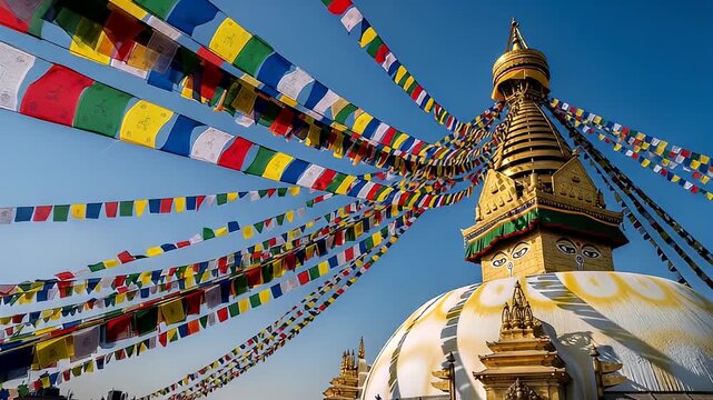 Golden Boudhanath Stupa Adorned with Vibrant Prayer Flags Under Clear Blue Sky in Kathmandu Nepal Traditional Architecture and Cultural Heritage