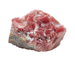 Close-up of a raw, pink mineral specimen.  Rough, chunky, crystalline structure.  Some gray/darker mineral inclusions