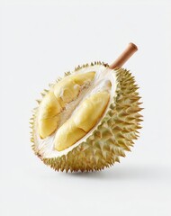 Naklejka premium Durian half, vibrant yellow flesh, spiky green husk, isolated on white background