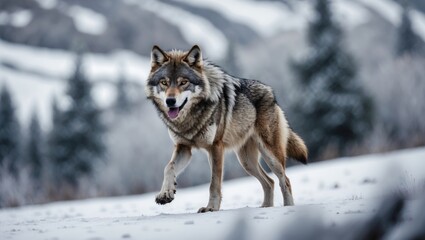 Naklejka premium Wolf in snow-covered landscape with mountains and trees in the background. Wildlife and nature scene. Winter environment and animal habitat.