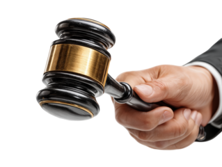 Hand holding wooden judge gavel isolated on white background concept for court auction or law