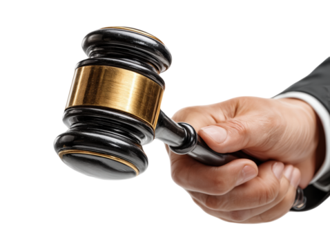 Hand holding wooden judge gavel isolated on white background concept for court auction or law