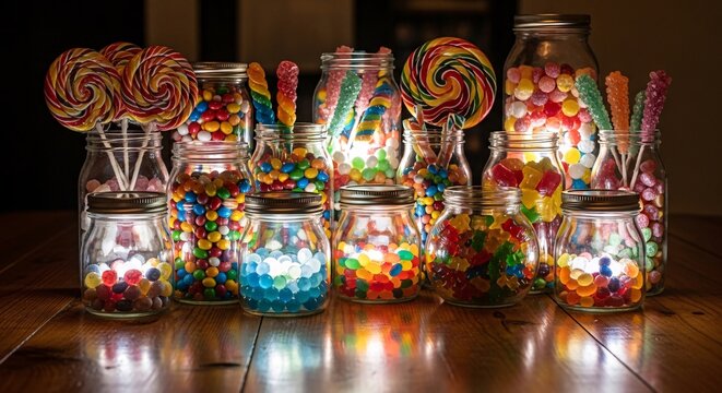 Colorful candy jars overflowing with sweet treats on wooden table for parties, events, and celebrations