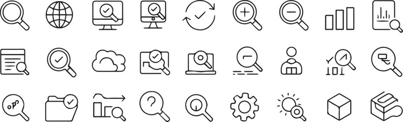 Magnifying glass icons set, search symbols, inspection, analysis, zoom, checkmark, cloud computing, data review, magnifier, user, gear, cube
