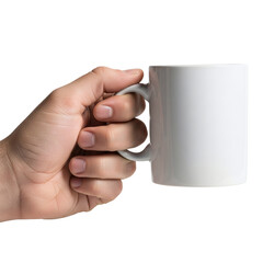 Hand holding a blank white coffee mug for mockup