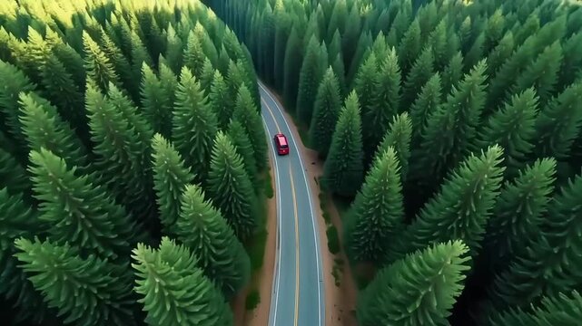 Red Van Driving Forward on Winding Forest Road with Rising Drone Aerial View