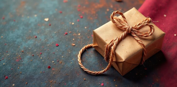 Neatly coiled parcel string on textured fabric background , detail, aesthetic