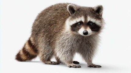 A full-body shot of a raccoon against a white background, exhibiting its characteristic grey and brown fur, a bushy tail, and dark mask-like facial markings.  It's looking directly at the camera