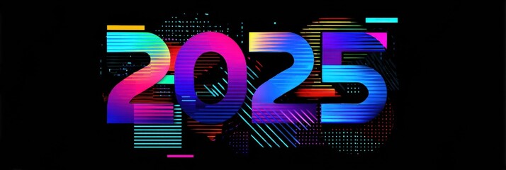 Colorful Digital Graphic Showcasing the Year 2025 in Vibrant Hues and Abstract Patterns Against a Dark Background