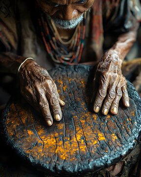Igorot Elder Tuning Sacred Gangsa Gong Midday at Ifugao Hut, Bahag Loincloth, Vibration Blur in Atmospheric Distortion