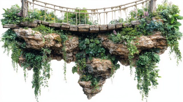 Wooden bridge resting on floating rocks surrounded by lush greenery and trailing vines in a fantasy inspired natural scene, PNG, isolated on transparent background.