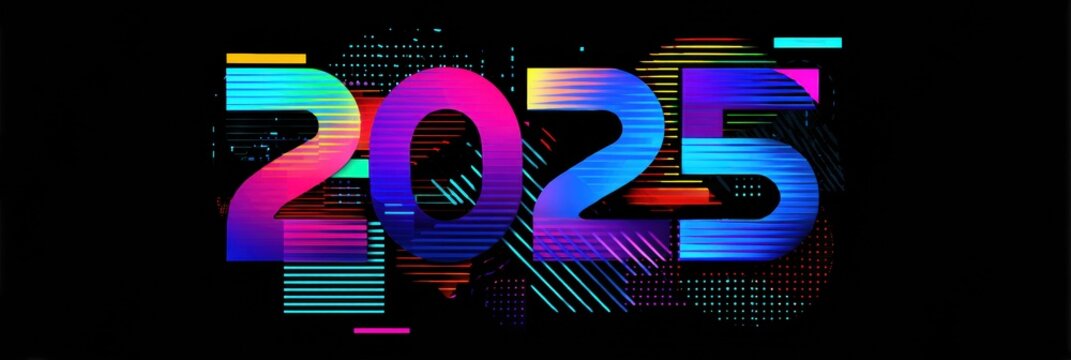 Colorful Digital Graphic Showcasing the Year 2025 in Vibrant Hues and Abstract Patterns Against a Dark Background