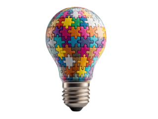 Colorful jigsaw puzzle pieces forming a light bulb isolated on a white background representing the concept of creative ideas teamwork and problem-solving