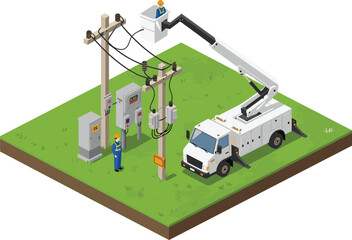 Isometric electrical utility workers repairing power lines with bucket truck on grassy land, electric power maintenance, energy service illustration
