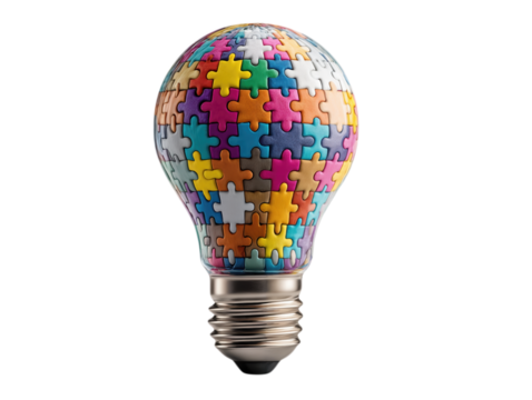 Colorful jigsaw puzzle pieces forming a light bulb isolated on a white background representing the concept of creative ideas teamwork and problem-solving