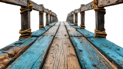 Wooden bridge with blue and natural wood planks featuring rope railings for rustic and coastal design concepts, PNG, isolated on transparent background.