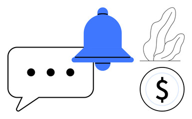 Blue notification bell, chat bubble with ellipsis, dollar coin symbol, and abstract leaf design. Ideal for apps, alerts, notifications, finance, messages growth concepts and a simple landing page