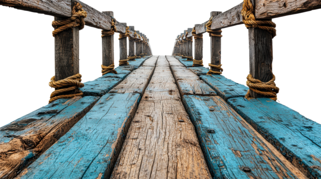 Wooden bridge with blue and natural wood planks featuring rope railings for rustic and coastal design concepts, PNG, isolated on transparent background.