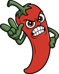Angry red chili pepper cartoon character, fierce expression, gritting teeth, green hands, spicy vegetable mascot, vector illustration, digital art