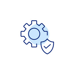 Cogwheel, shield and checkmark. Verified system settings, trusted configuration, secure operations, approved setup. Pixel perfect, editable stroke vector icon