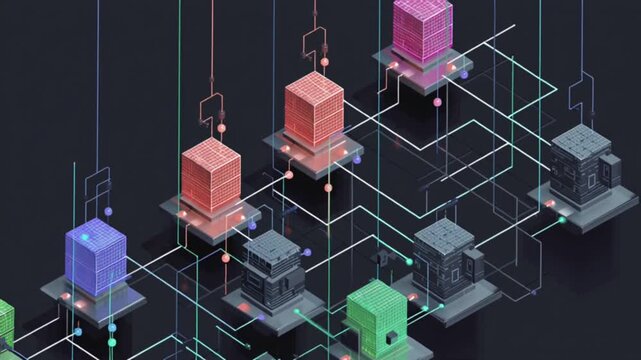 Blockchain data tunnel with connected nodes symbolizing peer-to-peer networks, distributed ledger and decentralized infrastructure