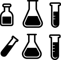 A set of six stylized black and white icons representing various laboratory glassware, including flasks and test tubes.