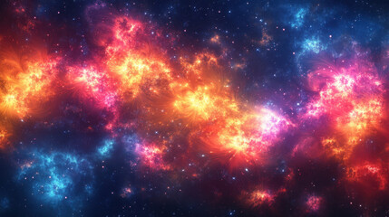 Obraz premium Vibrant cosmic scene showcases colorful nebula with bright orange, pink, and blue hues, set against starry background. image evokes sense of wonder and vastness of space