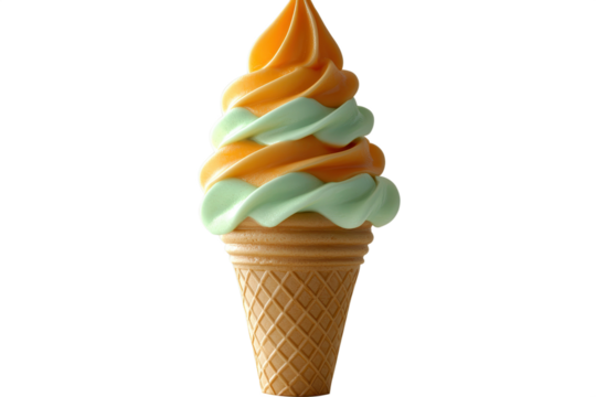 Soft serve ice cream swirled with orange and green flavors in a crispy waffle cone perfect for dessert and summer treats, PNG, isolated on transparent background.