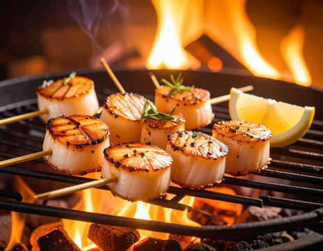 brochettes de noix de saint jacques, cuisson &agrave; la chemin&eacute;e