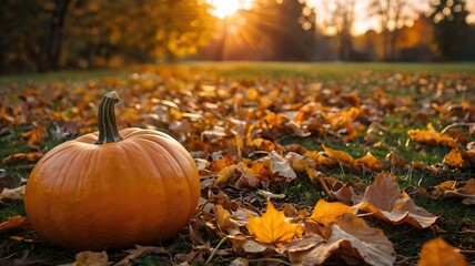 Big orange pumpkin with fall leaves at sunset