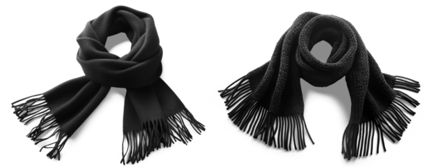 Cozy Warmth of Black Scarf: Two elegant black scarf, fringed ends gracefully draped, ready to ward off the chill, perfect for winter fashion.