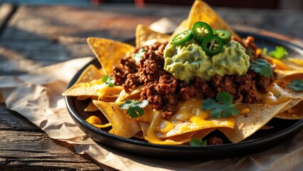 A plate of loaded nachos topped with ground beef, melted cheese, guacamole, jalape&Atilde;&plusmn;os, and cilantro on a rustic wooden surface.